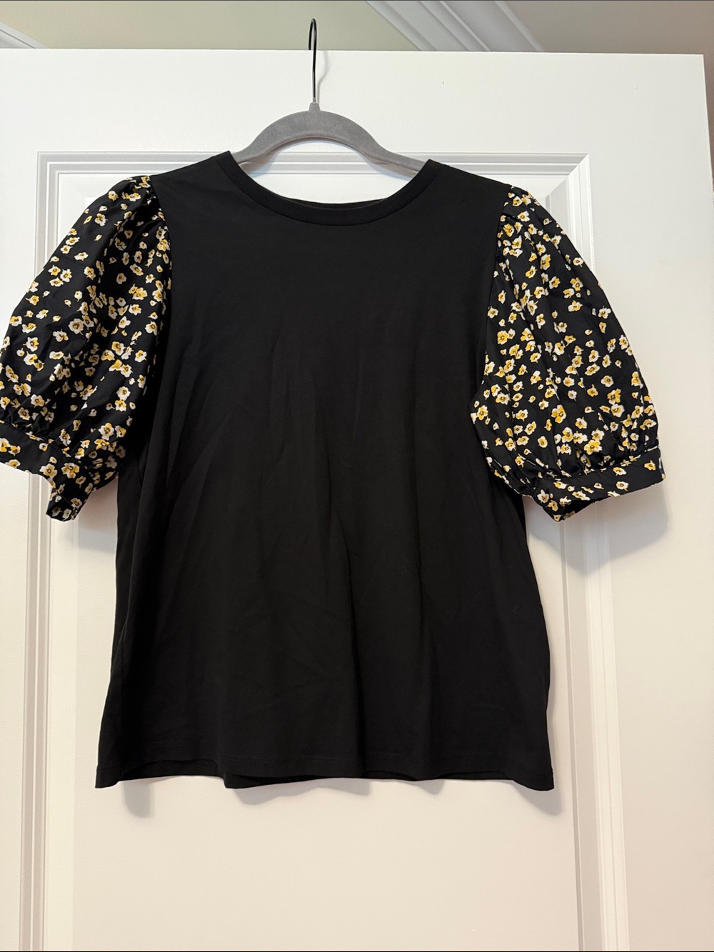 Black Top with Floral Puff Sleeves